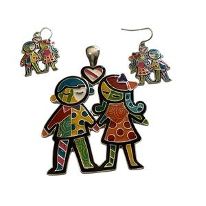 Romero Britto Style Colorful Enamel Couple Pendant and Earrings Set